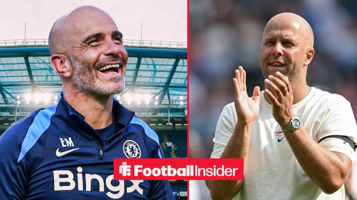 Chelsea boss Enzo Maresca looking happy alongside an image of Liverpool boss Arne Slot applauding