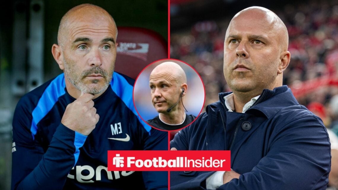 Chelsea manager Enzo Maresca left, Liverpool manager Arne Slot, Anthony Taylor
