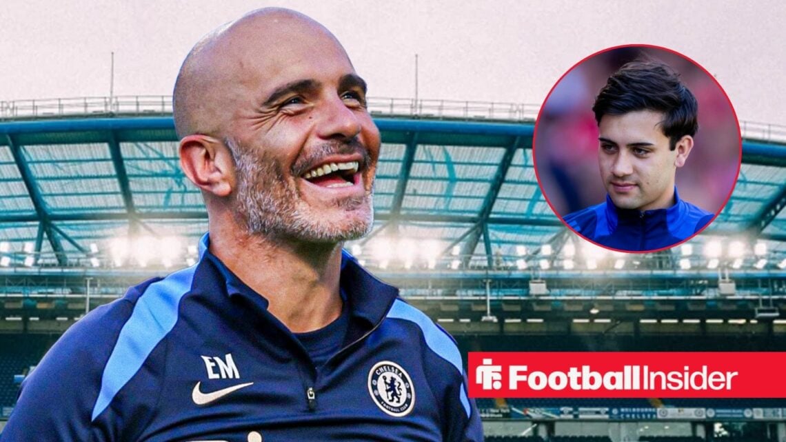Chelsea manager Enzo Maresca against a backdrop of Stamford Bridge alongside a circular inset of Facundo Buonanotte
