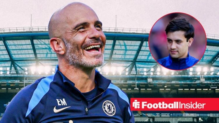 Chelsea manager Enzo Maresca against a backdrop of Stamford Bridge alongside a circular inset of Facundo Buonanotte