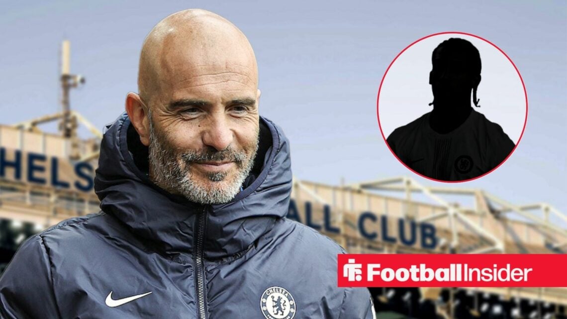 Enzo Maresca smiling at Stamford Bridge, Joao Pedro's silhouette in a circular inset