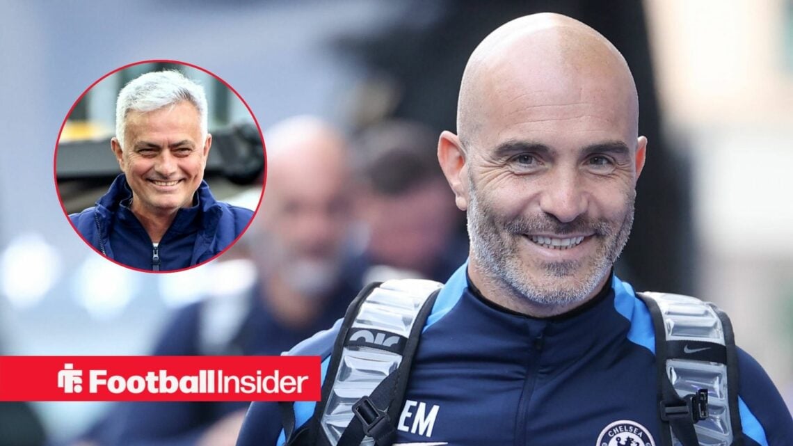Chelsea manager Enzo Maresca smiling with Benfica manager Jose Mourinho laughing left inset