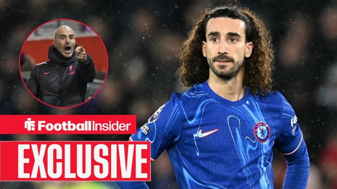Chelsea boss Enzo Maresca looking angry in a circular frame alongside an image of Marc Cucurella in a blue home shirt