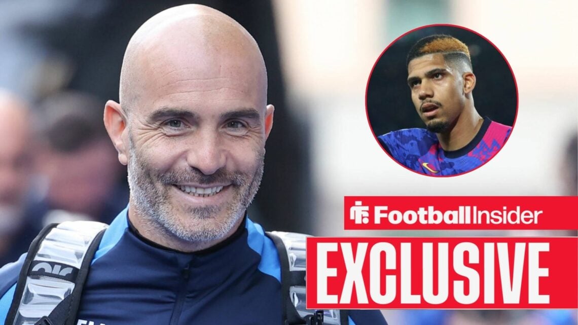 Chelsea manager Enzo Maresca smiling with Barcelona's Ronald Araujo right inset