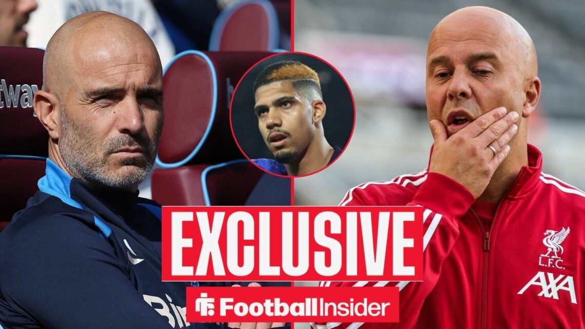 Enzo Maresca looking stern on the left with Arne Slot gobsmacked on the right and a focused Ronald Araujo in the middle