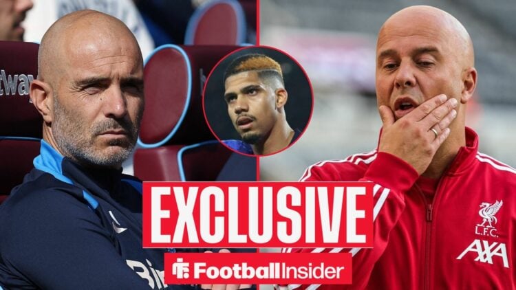 Enzo Maresca looking stern on the left with Arne Slot gobsmacked on the right and a focused Ronald Araujo in the middle