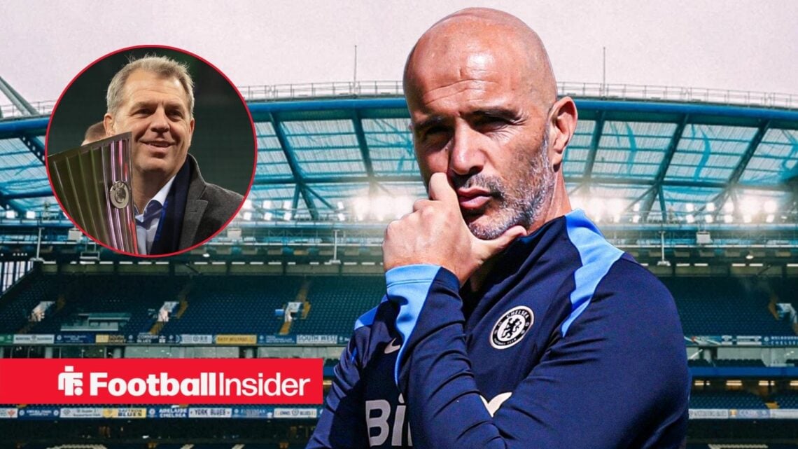 Enzo Maresca at Stamford Bridge, with Todd Boehly in a circular inset