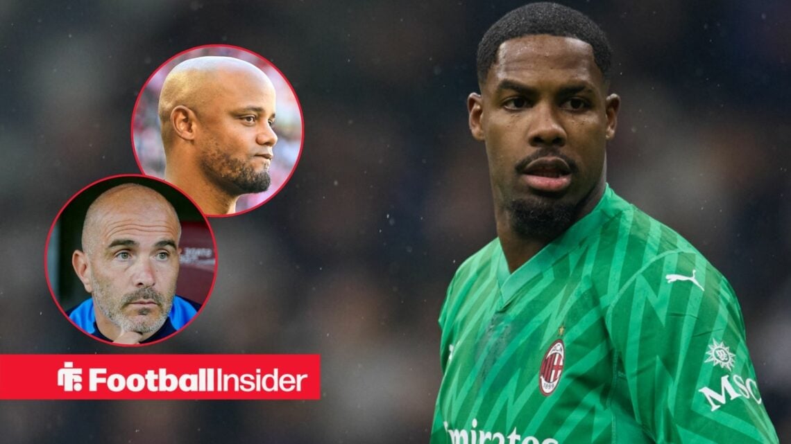 Chelsea manager Enzo Maresca and Vincent Kompany looking focused on the left with Mike Maignan focused on the right