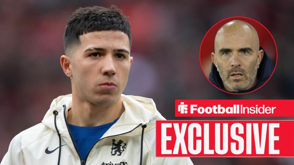 Enzo Fernandez looking serious on the left with a shocked Enzo Maresca on the right