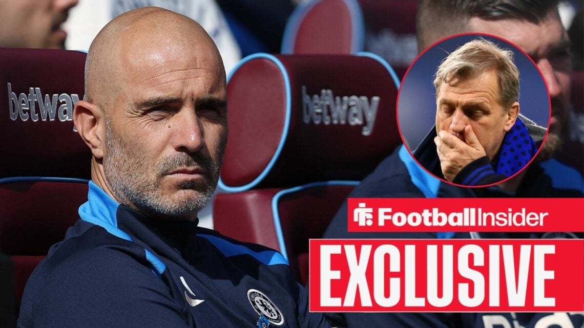 Chelsea manager Enzo Maresca focused on the left with a shocked Todd Boehly with his hand covering his mouth on the right