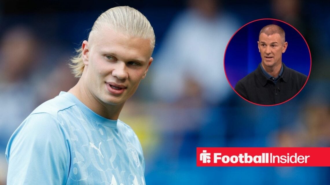 Erling Haaland warming up for Manchester city with Joe Hart in a circular inset.