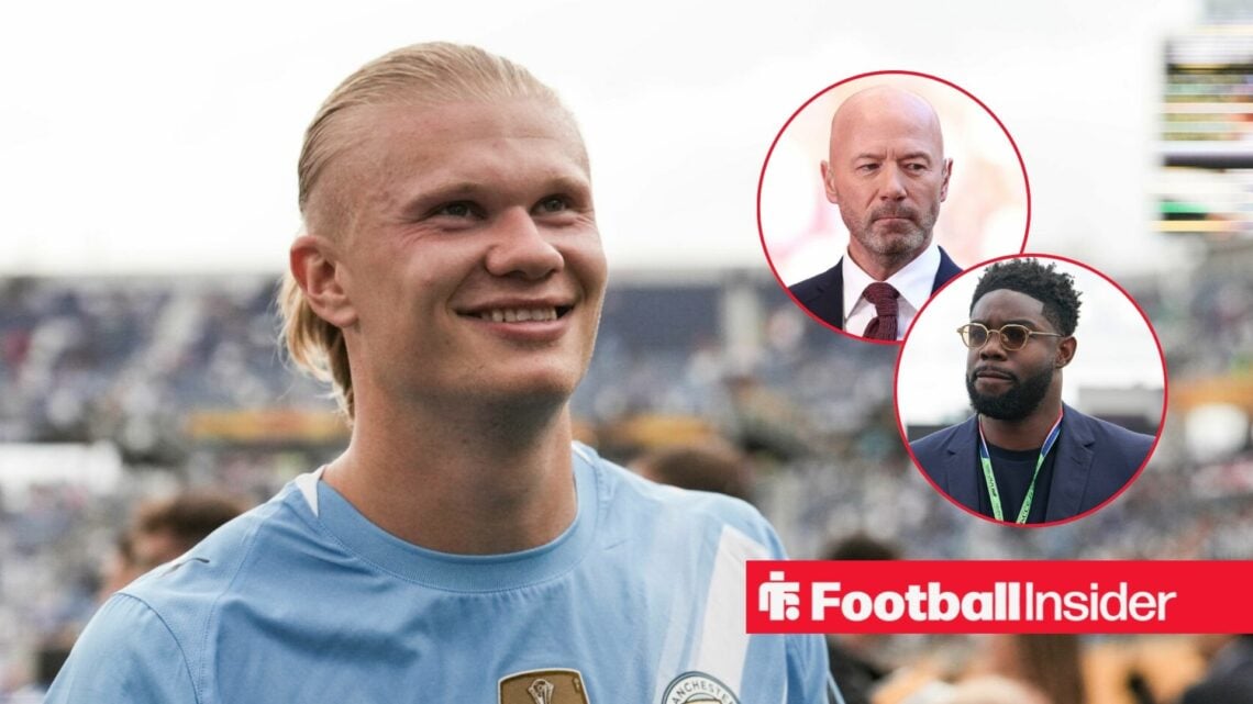 Erling Haaland in a Manchester City home shirt alongside headshots of Micah Richards and Alan Shearer
