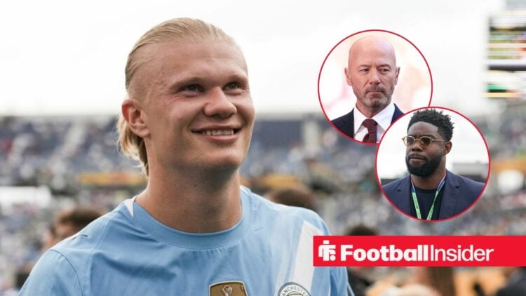Erling Haaland in a Manchester City home shirt alongside headshots of Micah Richards and Alan Shearer