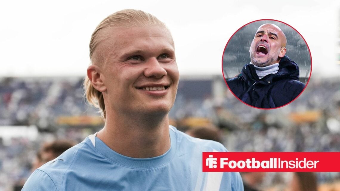 Erling Haaland smiling with Pep Guardiola included in a circular inset