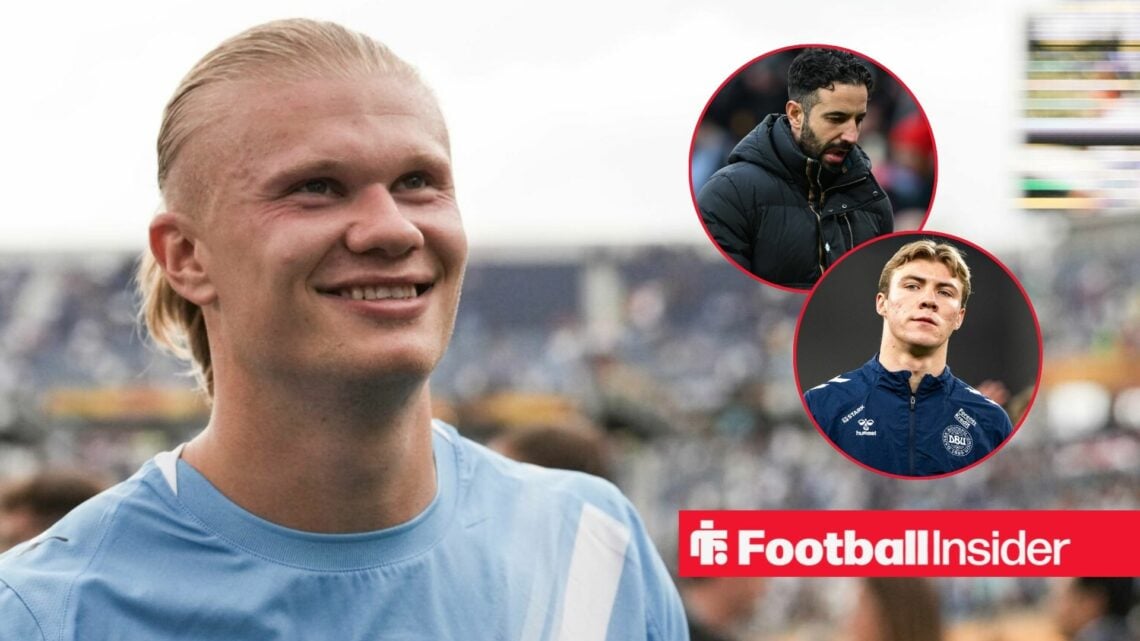 Erling Haaland smiling, Ruben Amorim and Rasmus Hojlund in circular insets