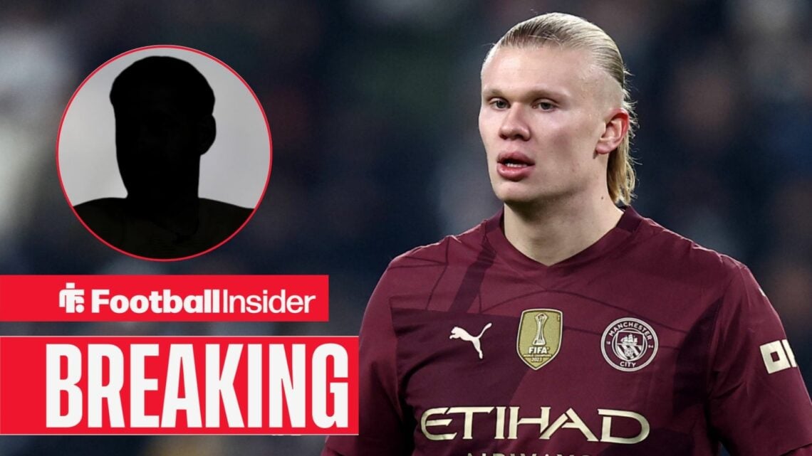 Erling Haaland playing for Man City, Scott Carson's silhouette in a circular inset