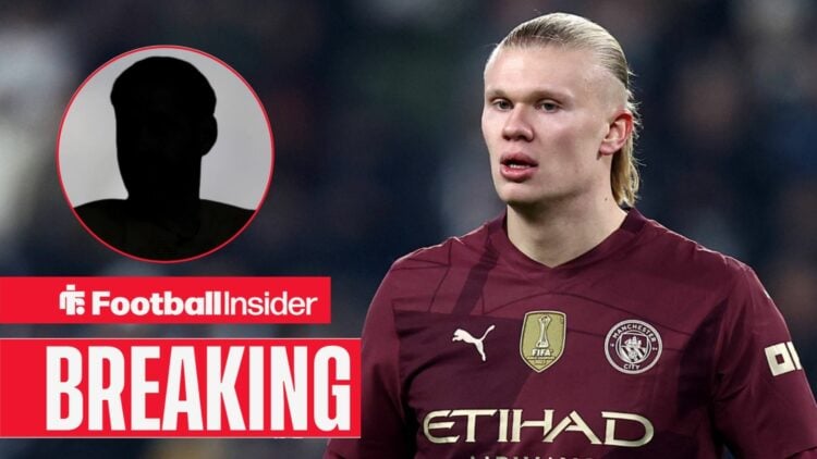 Erling Haaland playing for Man City, Scott Carson's silhouette in a circular inset