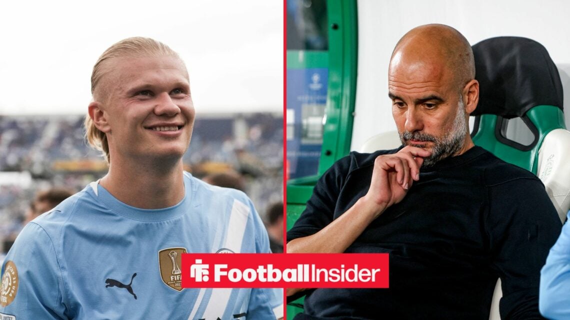 Pep Guardiola thinking next to Erling Haaland smiling