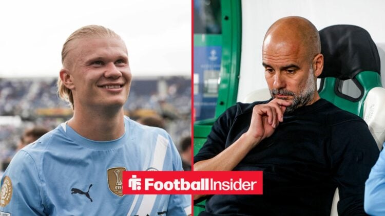 Pep Guardiola thinking next to Erling Haaland smiling