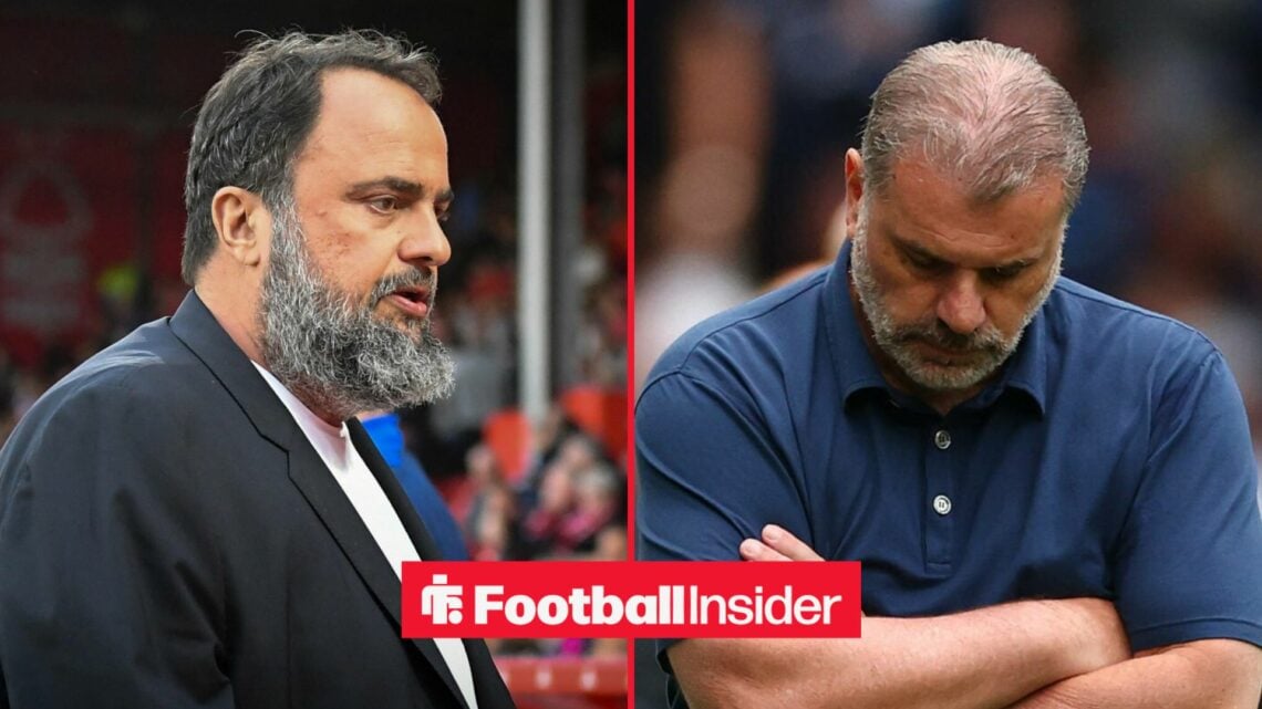 Evangelos Marinakis at the City Ground, with Ange Postecoglou looking sad on the sidelines