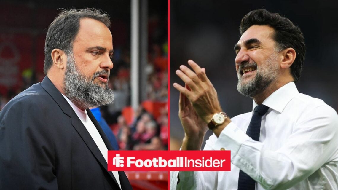 Evangelos Marinakis looking concerned with Yasir Al-Rumayyan clapping