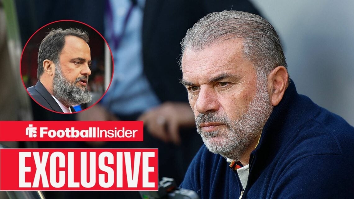 Evangelos Marinakis looking stern with a focused Ange Postecoglou on the right