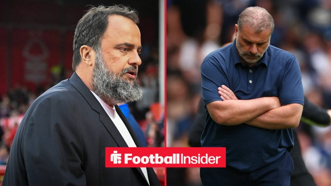 Evangelos Marinakis walking next to Ange Postecoglou with his arms crossed