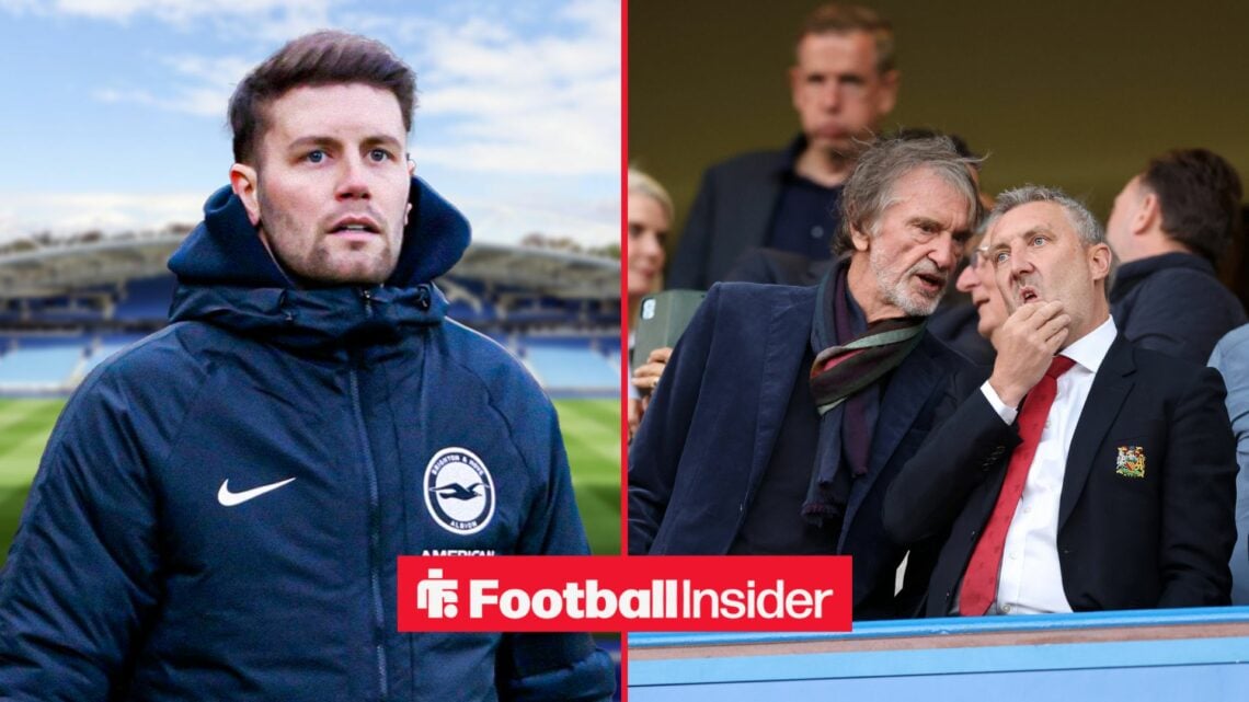 Fabian Hurzeler looking into the distance next to Sir Jim Ratcliffe and Jason Wilcox talking