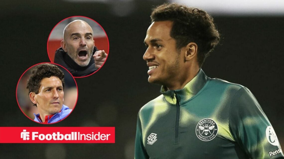 Brentford's Fabio Carvalho in training looking at Chelsea manager Enzo Maresca and Brentford manager Keith Andrews both left insets