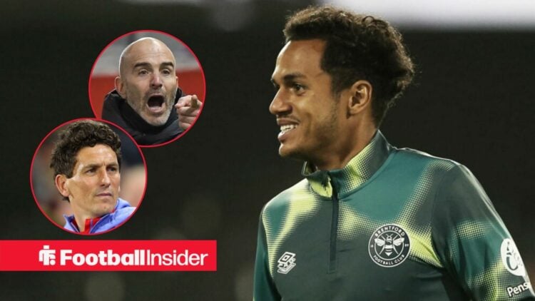 Brentford's Fabio Carvalho in training looking at Chelsea manager Enzo Maresca and Brentford manager Keith Andrews both left insets