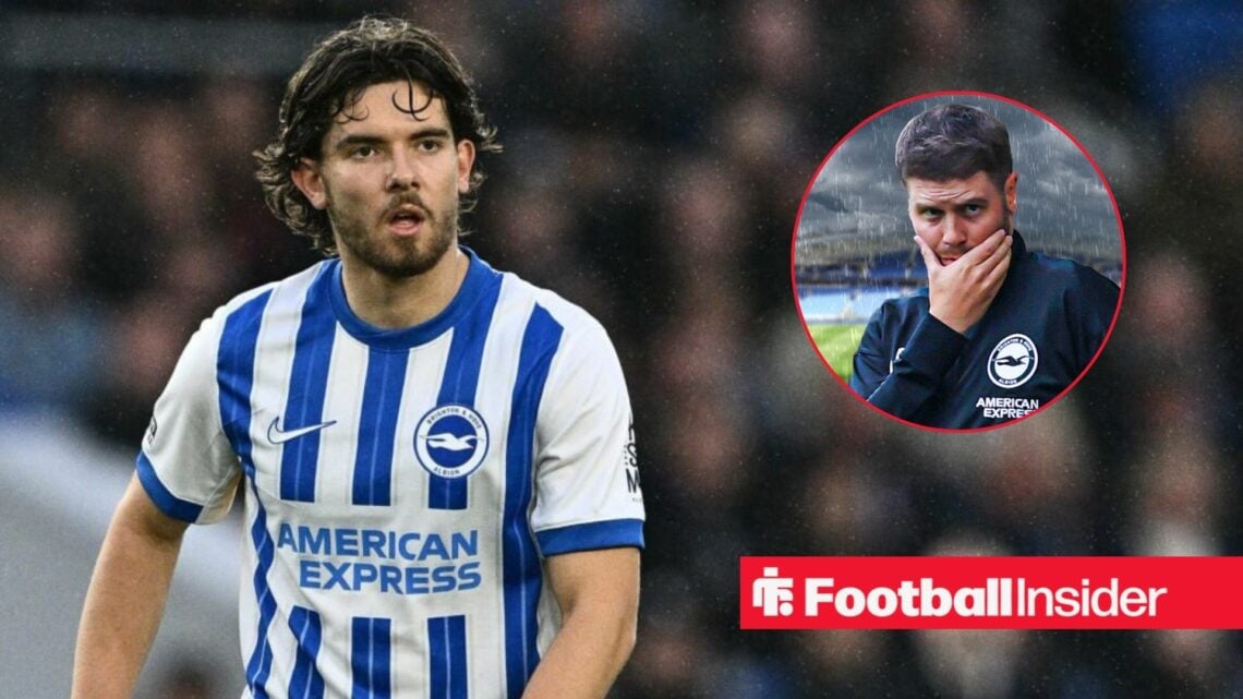 Brighton's Ferdi Kadioglu in action with manager Fabian Hurzeler looking worried right inset