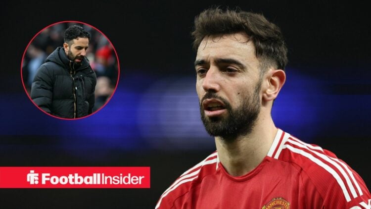 Bruno Fernandes next to a circular inset of Ruben Amorim
