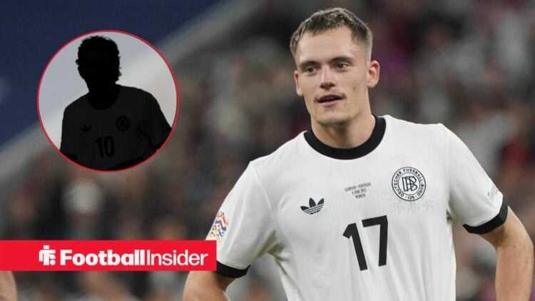 Florian Wirtz playing for Germany, Nick Woltemade's silhouette in a circular inset