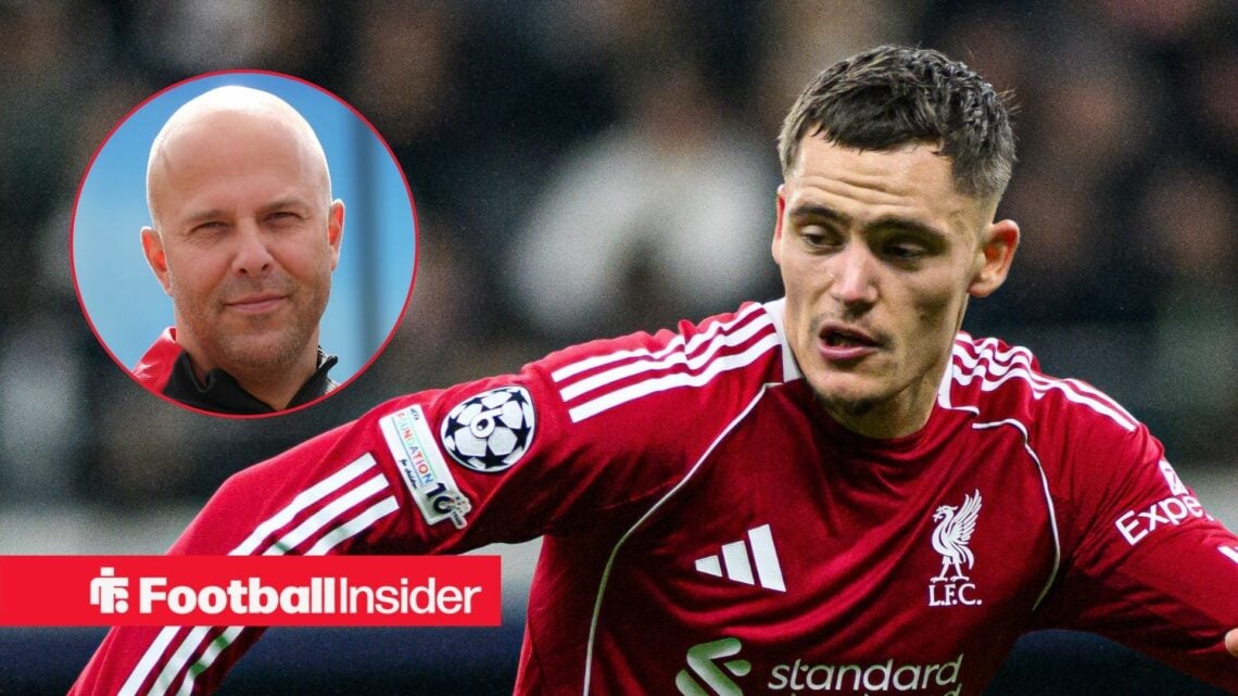 Arne Slot smiling on the left with a focused Florian Wirtz for Liverpool on the right