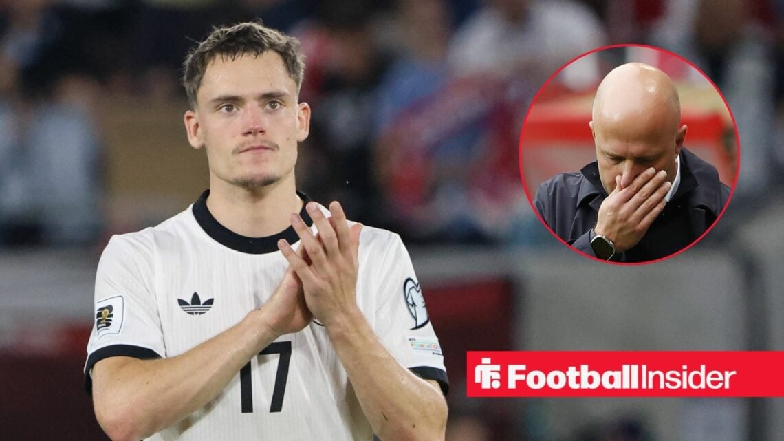 Florian Wirtz clapping his hands looking concerned with a shocked Arne Slot on the right holding his hand to his mouth