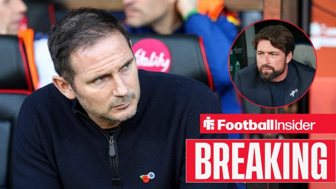 Frank Lampard in the dugout as Everton manager, with Russell Martin in a circular inset