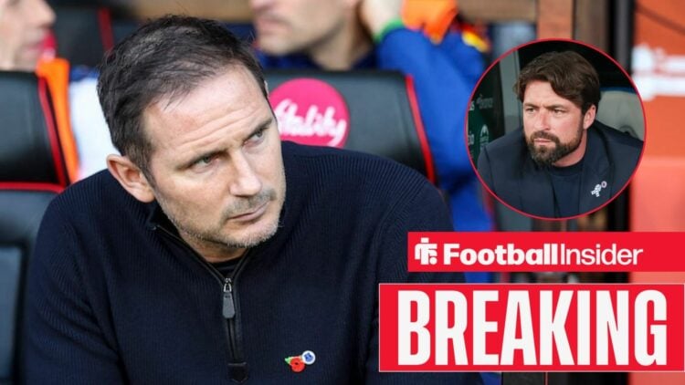 Frank Lampard in the dugout as Everton manager, with Russell Martin in a circular inset