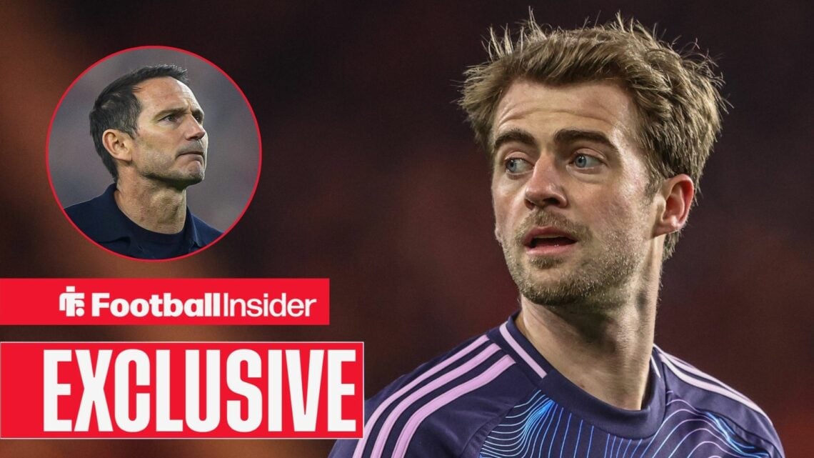 Frank Lampard looking focused on the left with Patrick Bamford desperate on the right