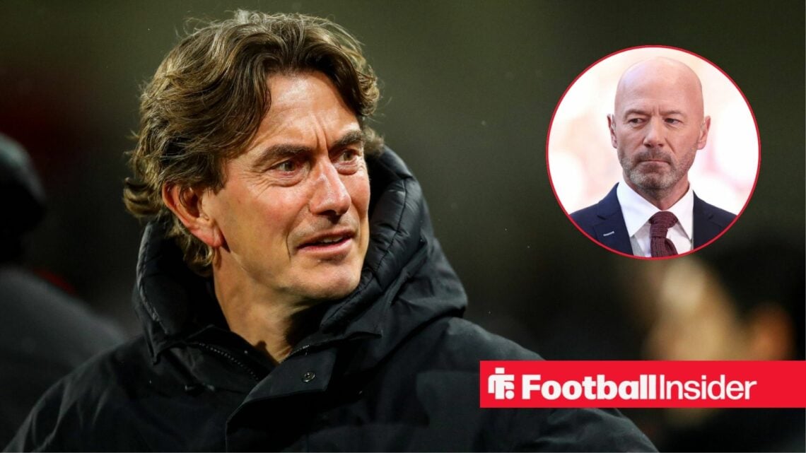 Thomas Frank looking at a circular inset of Alan Shearer