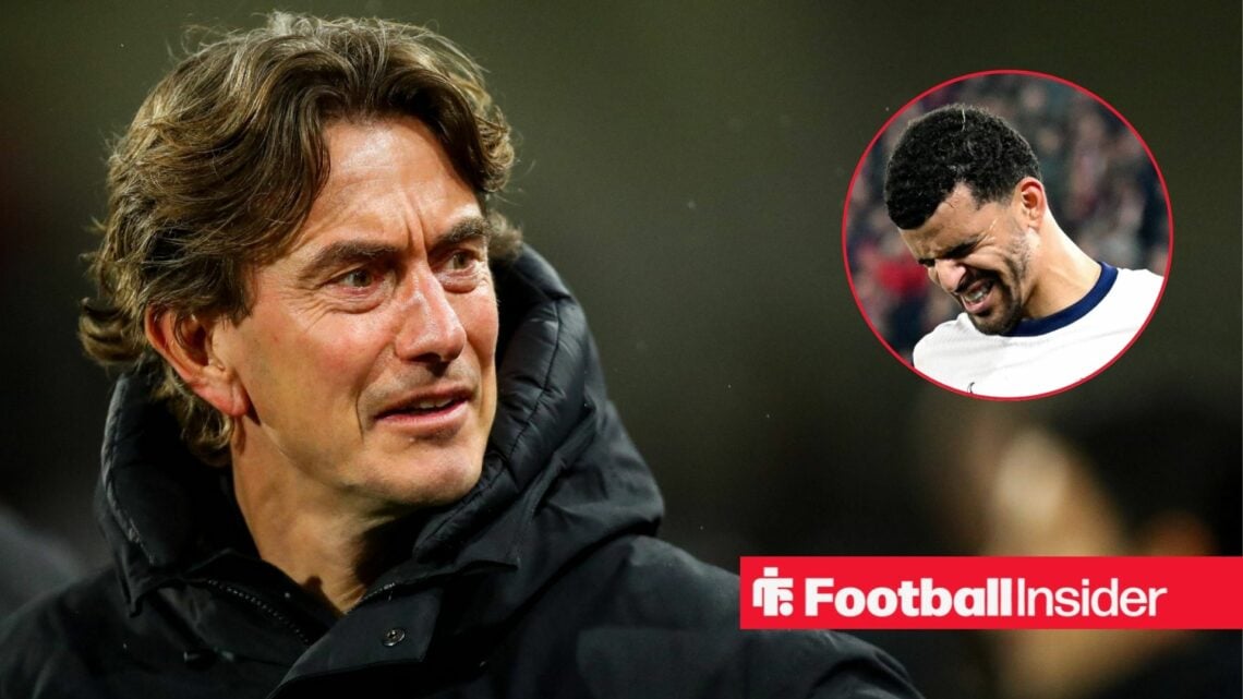 Thomas Frank next to a circular inset of Dominic Solanke