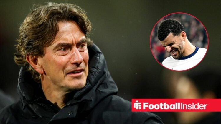 Thomas Frank next to a circular inset of Dominic Solanke