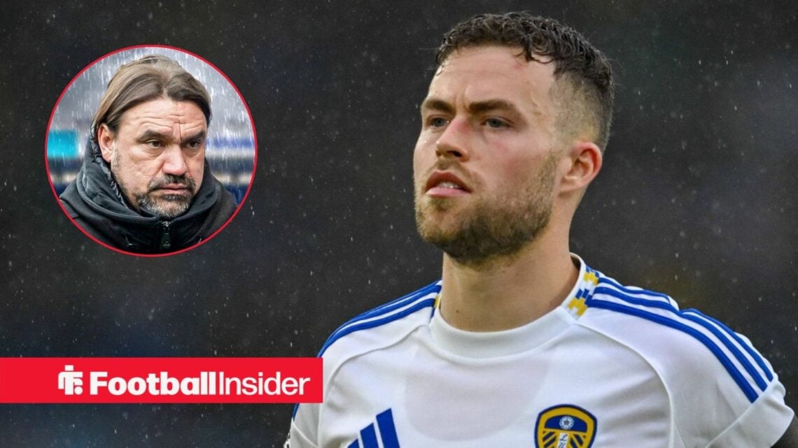Leeds United defender Gabriel Gudmundsson alongside a circular inset of Daniel Farke
