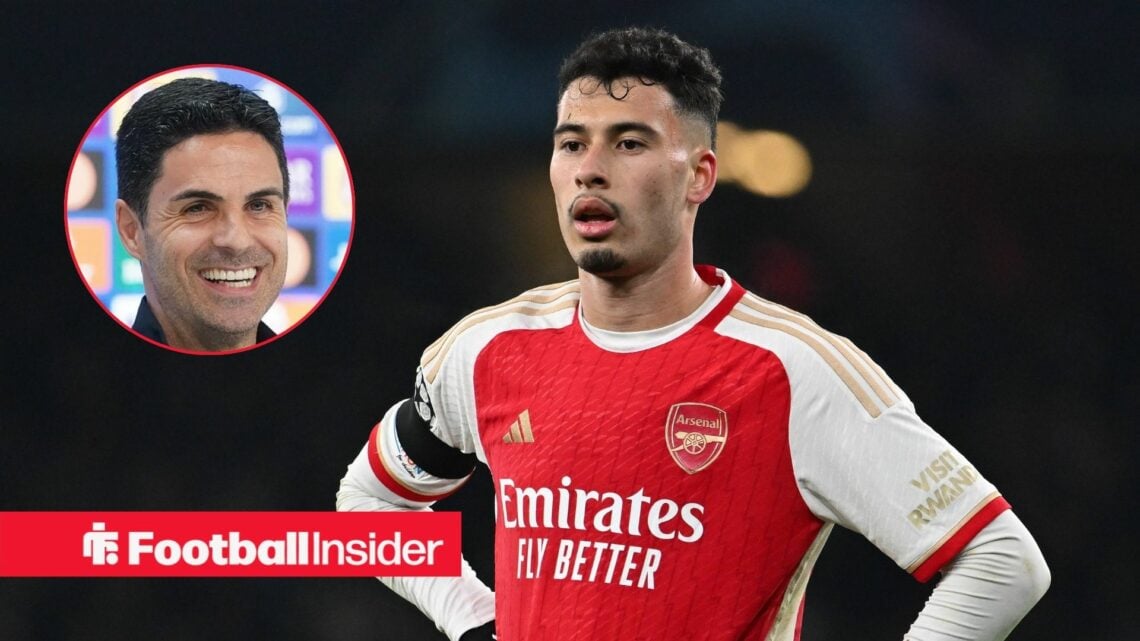 Gabriel Martinelli alongside a circular inset of Arsenal manager Mikel Arteta
