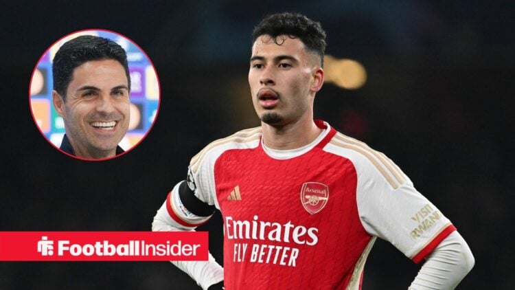 Gabriel Martinelli alongside a circular inset of Arsenal manager Mikel Arteta