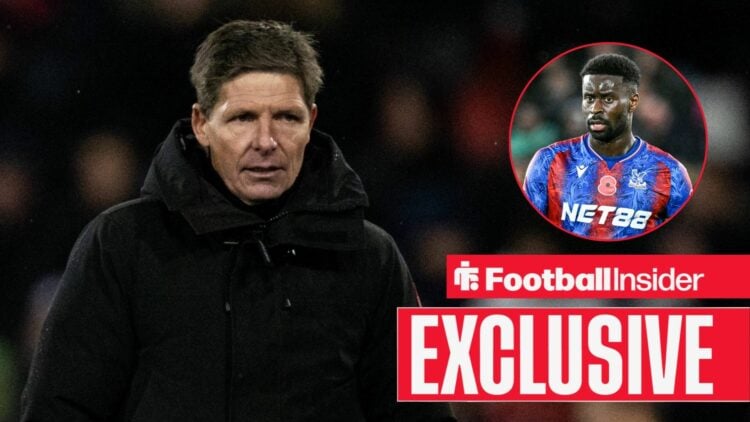 Oliver Glasner next to a circular inset of Marc Guehi