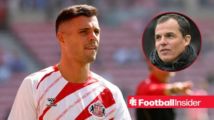 Granit Xhaka looking focused on the left with a smiling Regis Le Bris on the right