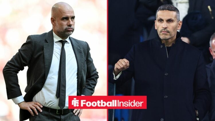 Pep Guardiola next to Khaldoon Al Mubarak looking focused