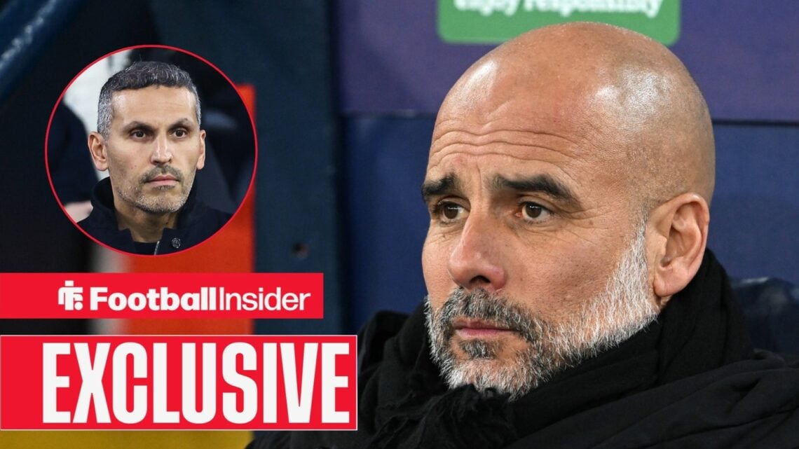 Manchester City manager Pep Guardiola, alongside club chairman Khaldoon Al Mubarak