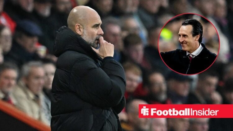 Pep Guardiola next to a circular inset of Unai Emery