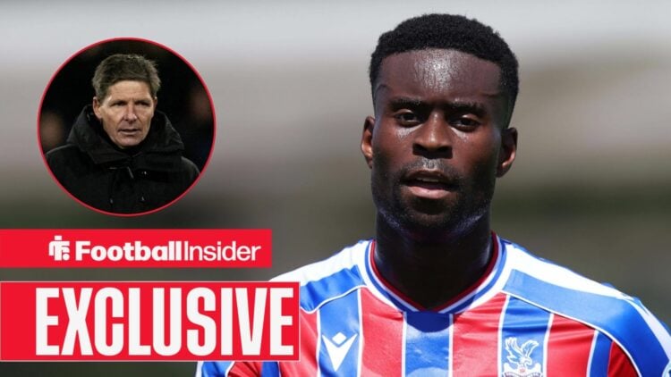 Crystal Palace's Marc Guehi in action next to manager Oliver Glasner in a circular inset